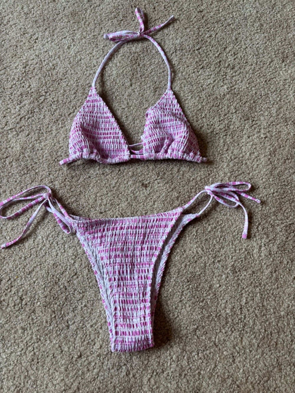 SHEIN Pink White Smocked Triangle Tie-Side Bikini